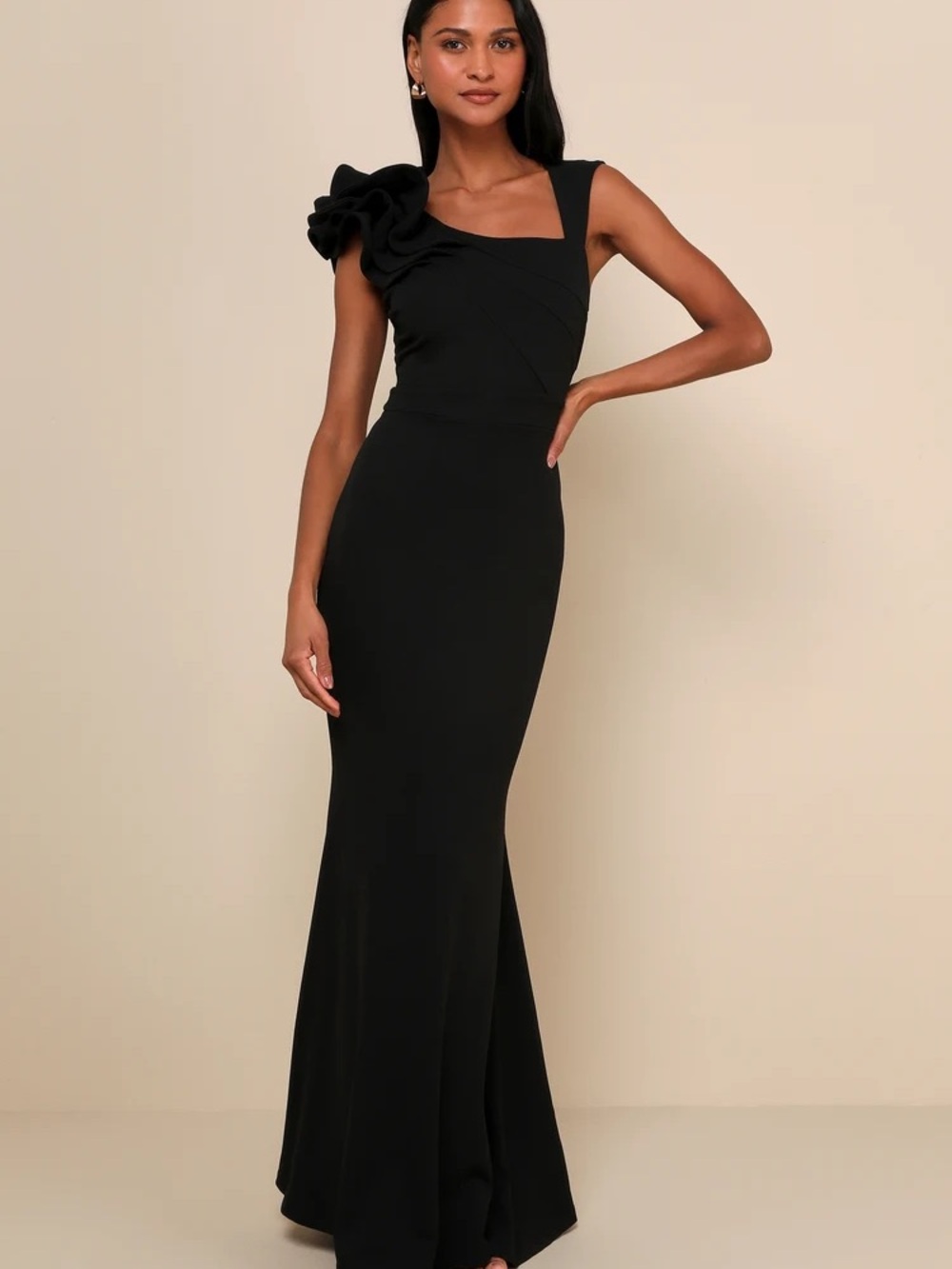 Lulu's Black One-Shoulder Ruffle Evening Gown